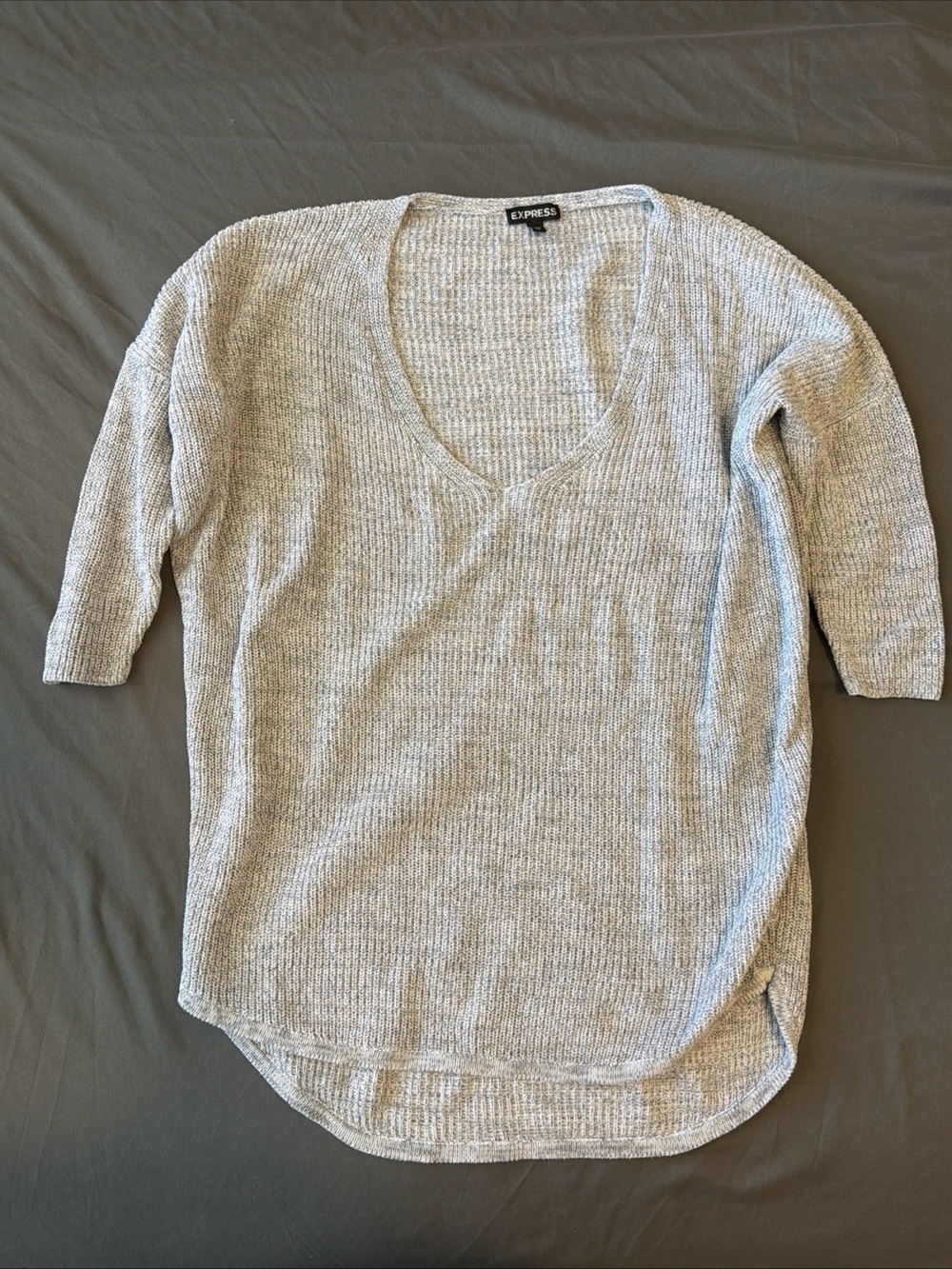 Express Light Gray V-Neck Knit Sweater